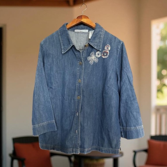 Liz Claiborne Denim Jacket - Tunic / shirt Button down embroidery Large - Picture 5 of 14
